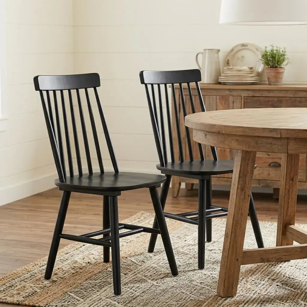 Set of Two Black Solid Wood Windsor Back Dining Side Chairs - Homeroots - Flyclothing LLC