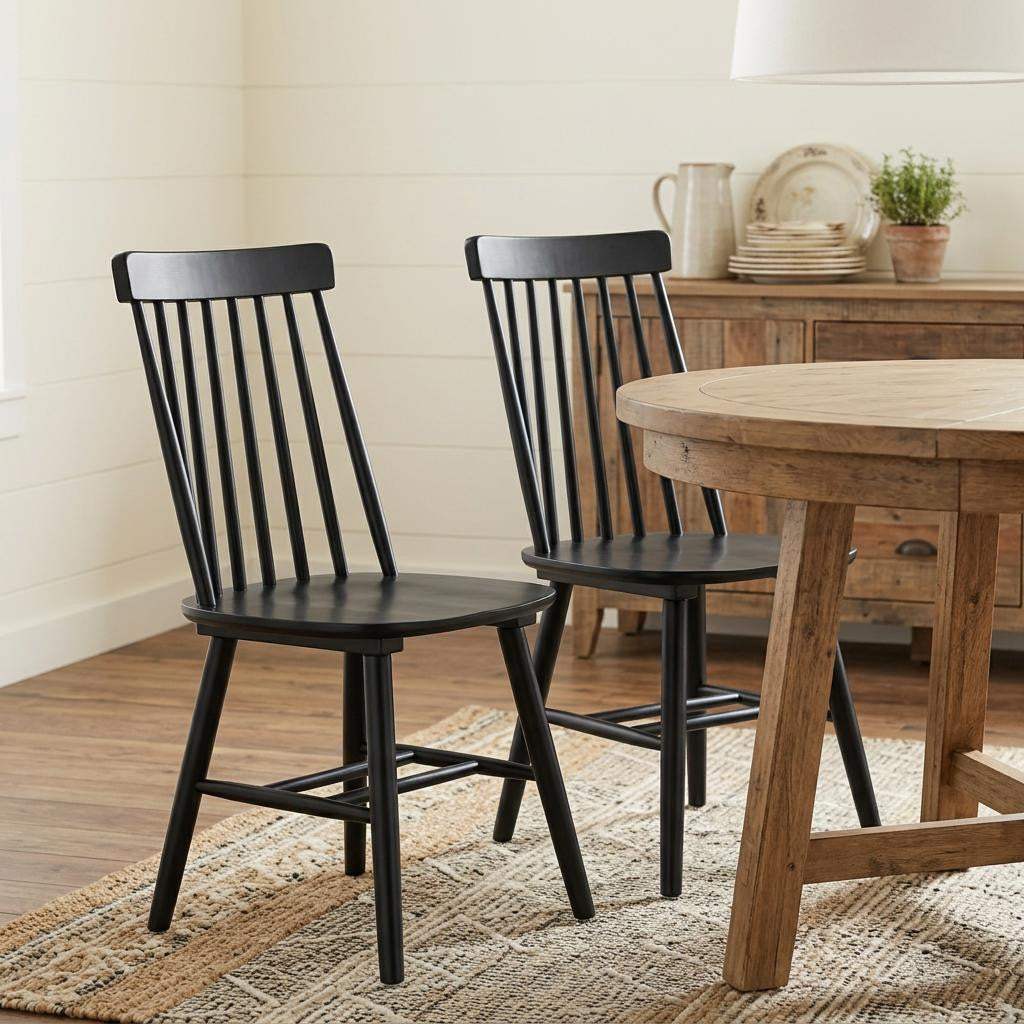 Set of Two Black Solid Wood Windsor Back Dining Side Chairs - HomeRoots - Flyclothing LLC
