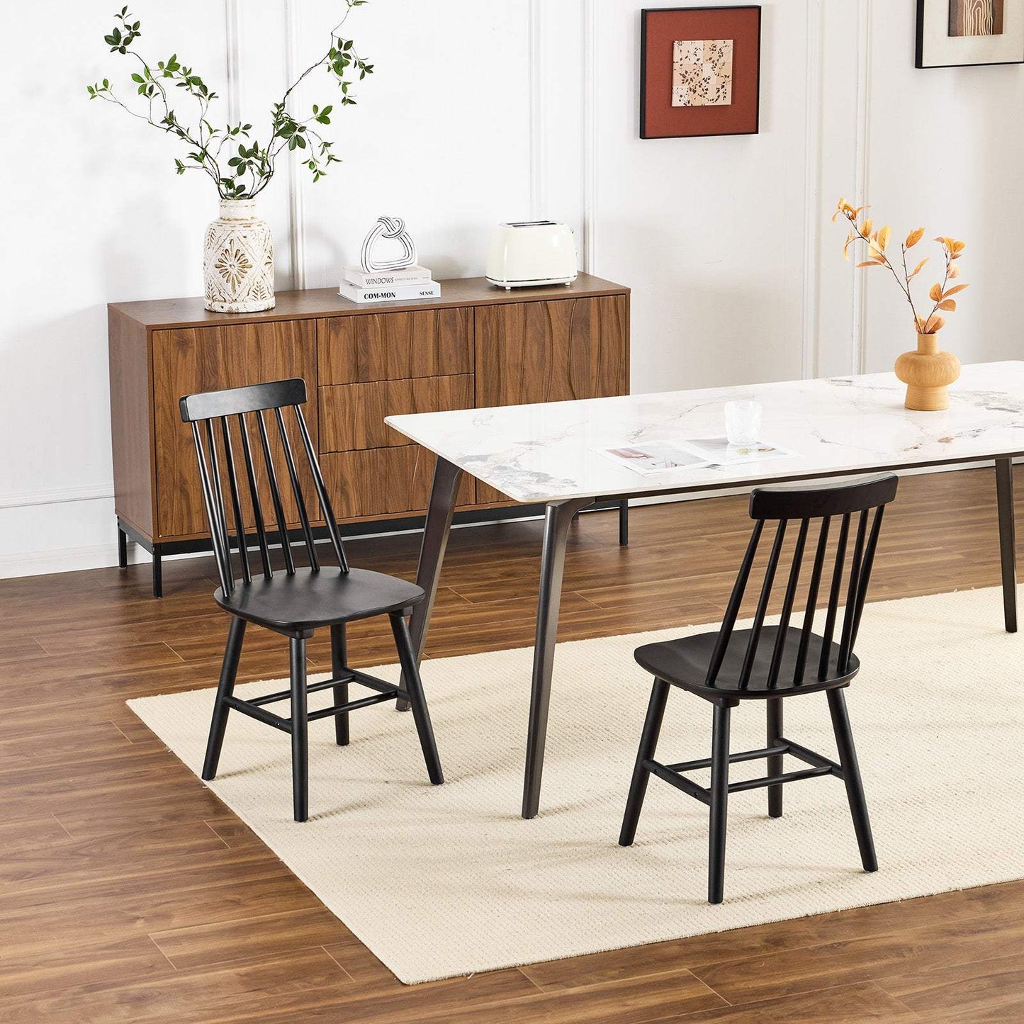 Set of Two Black Solid Wood Windsor Back Dining Side Chairs - HomeRoots - Flyclothing LLC