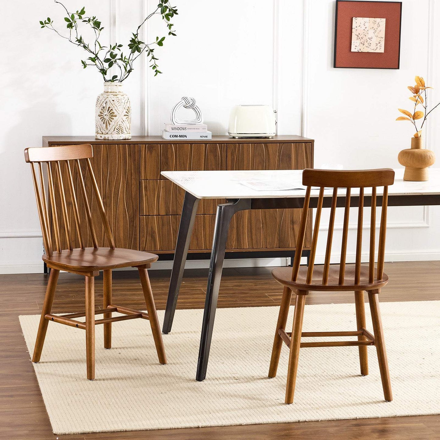 Set of Two Walnut Solid Wood Windsor Back Dining Side Chairs - HomeRoots - Flyclothing LLC