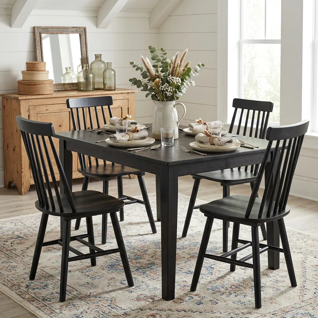 Set of Four Black Solid Wood Windsor Back Dining Side Chairs