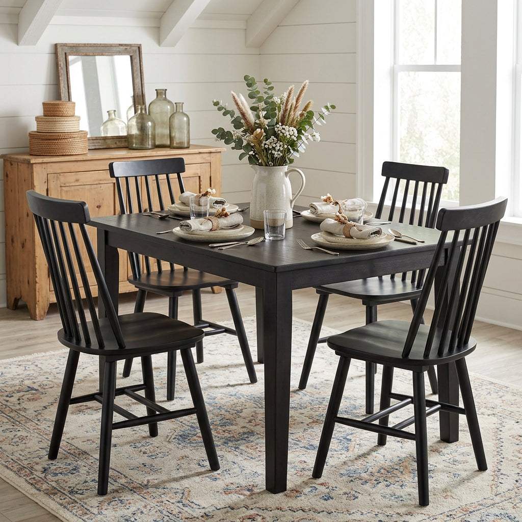 Set of Four Black Solid Wood Windsor Back Dining Side Chairs - HomeRoots - Flyclothing LLC