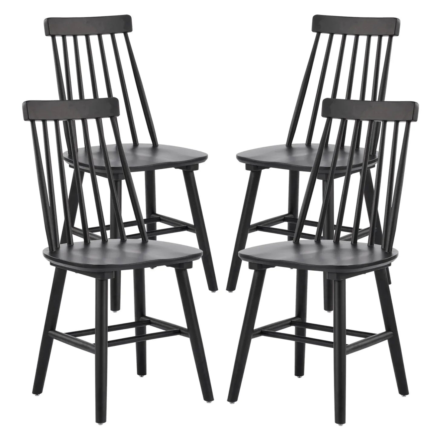 Set of Four Black Solid Wood Windsor Back Dining Side Chairs