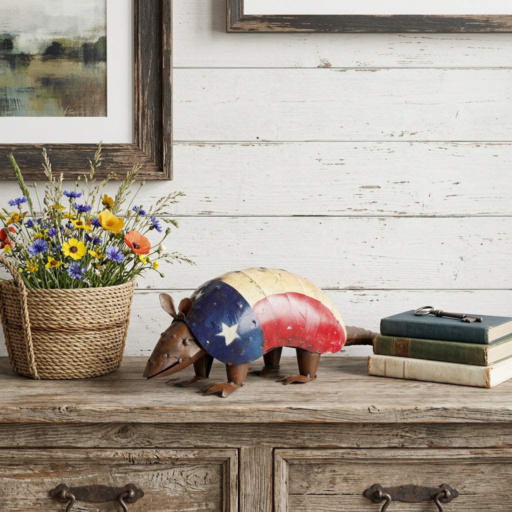 16" Red Off White And Blue Metal Armadillo Tabletop Sculpture - HomeRoots - Flyclothing LLC