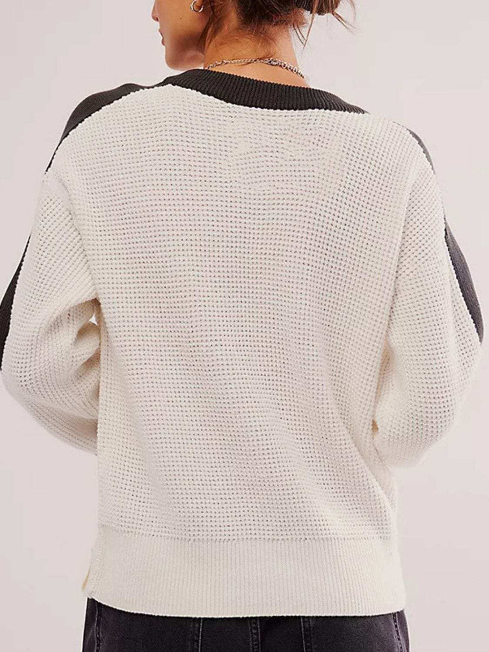 Waffle-Knit Contrast Round Neck Sweater - Trendsi - Flyclothing LLC