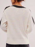 Waffle-Knit Contrast Round Neck Sweater - Trendsi
