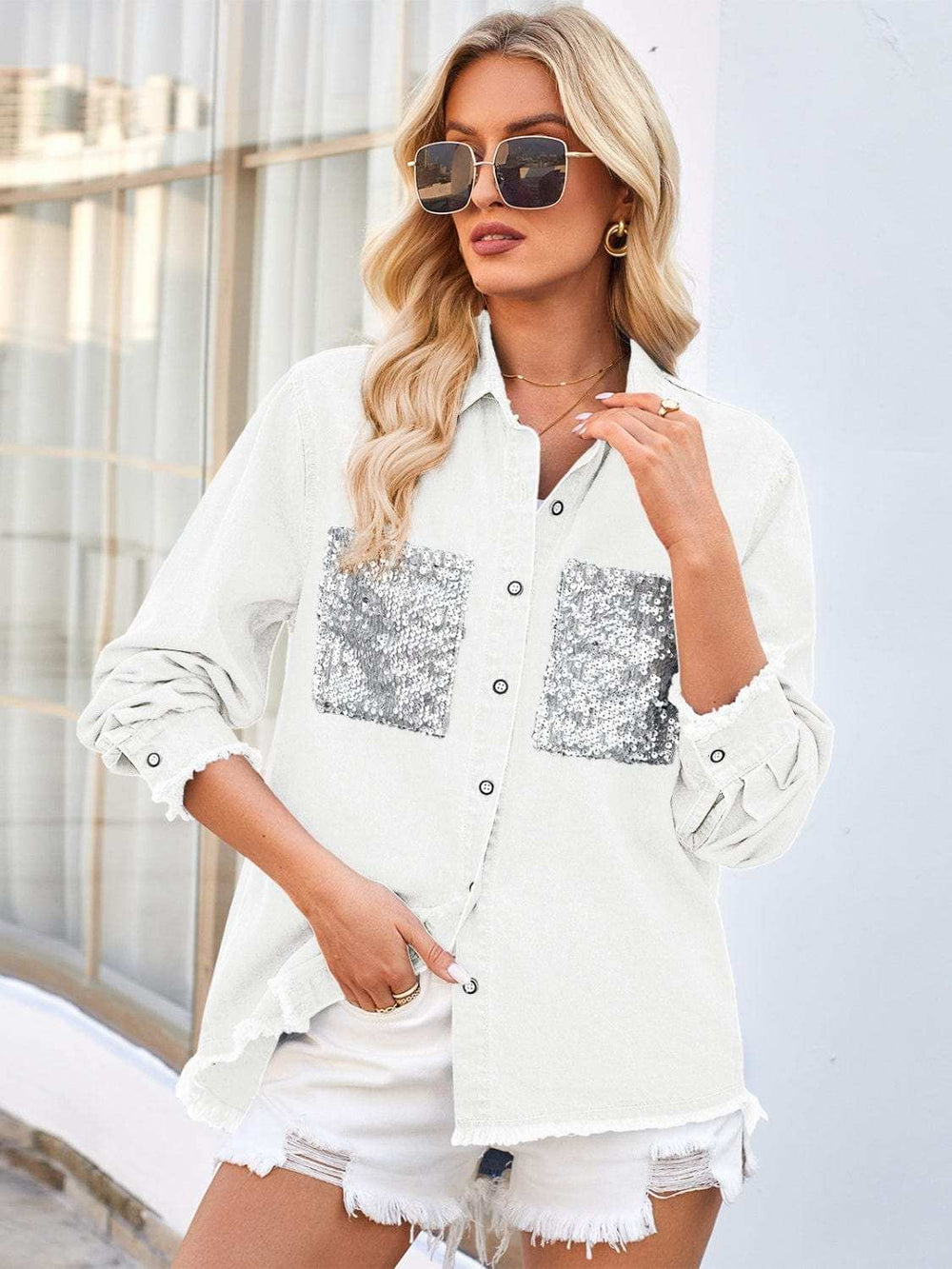 Raw Hem Button Up Long Sleeve Denim Jacket with Sequin Pockets - Trendsi - Flyclothing LLC