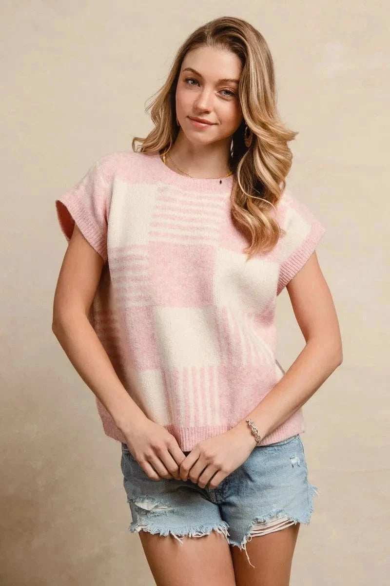 BiBi Checker With Stripes Pattern Sleeveless Sweater - Trendsi - Flyclothing LLC