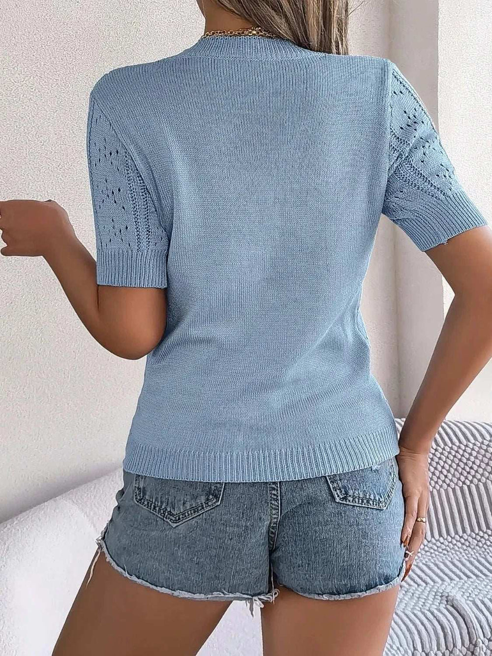 Openwork Round Neck Short Sleeve Knit Top - Trendsi - Flyclothing LLC