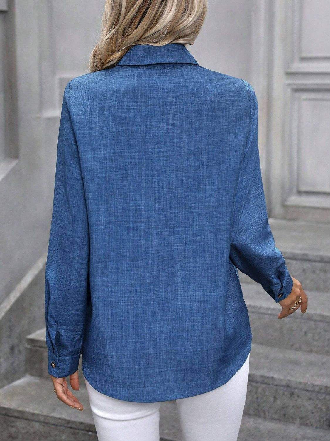 Button Up Collared Neck Long Sleeve Shirt - Trendsi - Flyclothing LLC
