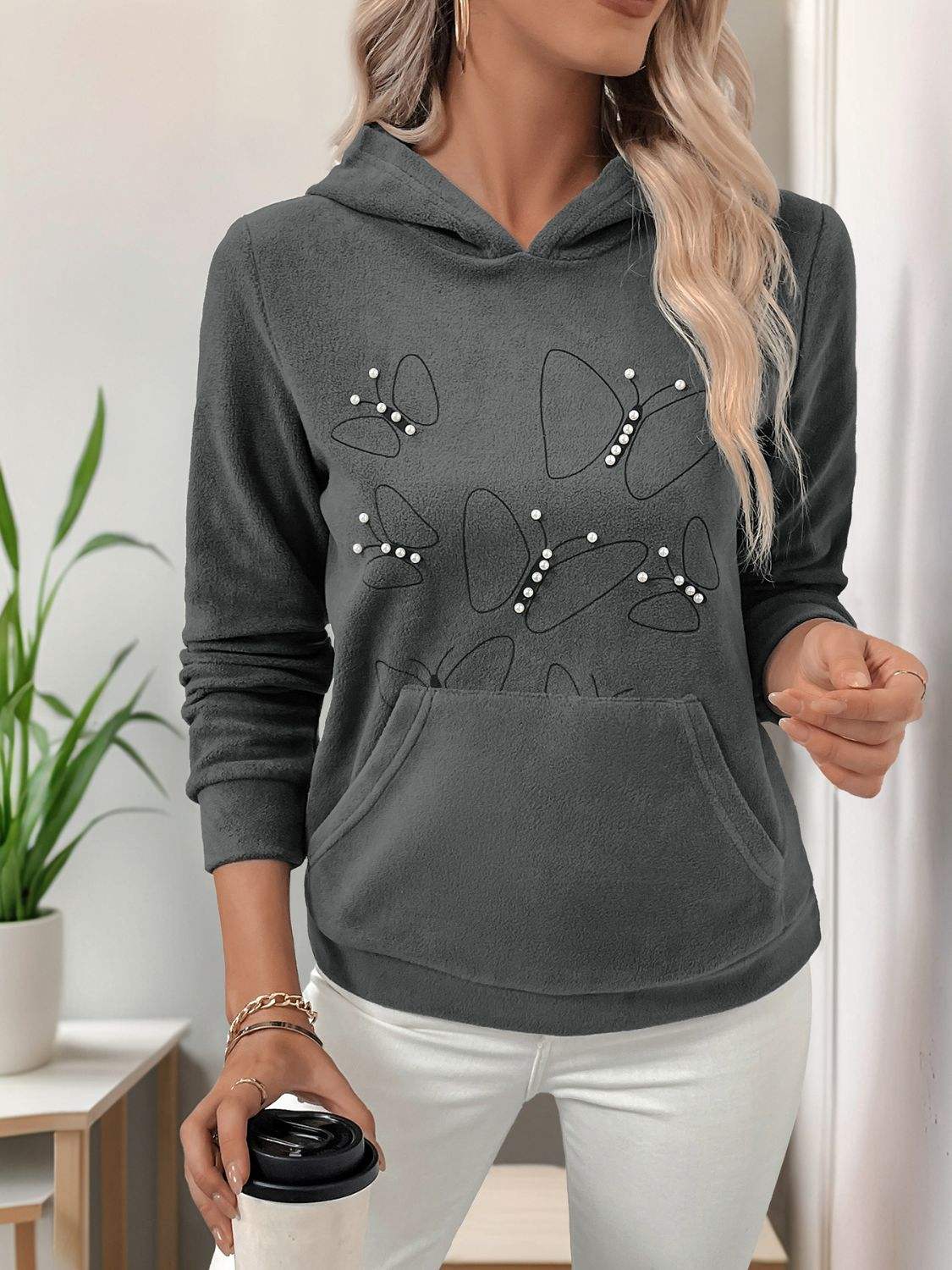 Perfee Pearl Butterfly Long Sleeve Hoodie - Trendsi - Flyclothing LLC