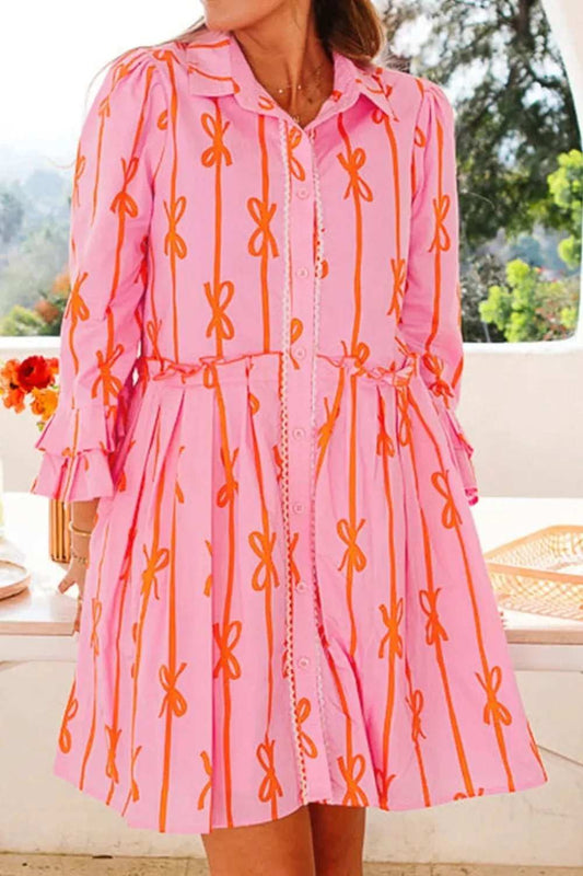 Ruffled Bow Printed Three-Quarter Sleeve Shirt Dress - Trendsi - Flyclothing LLC