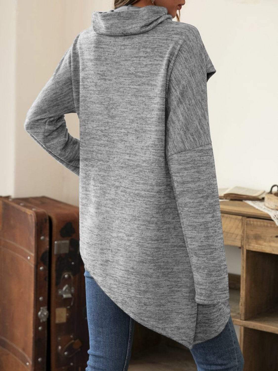 Asymmetrical Hem Cowl Neck Long Sleeve T-Shirt - Trendsi - Flyclothing LLC