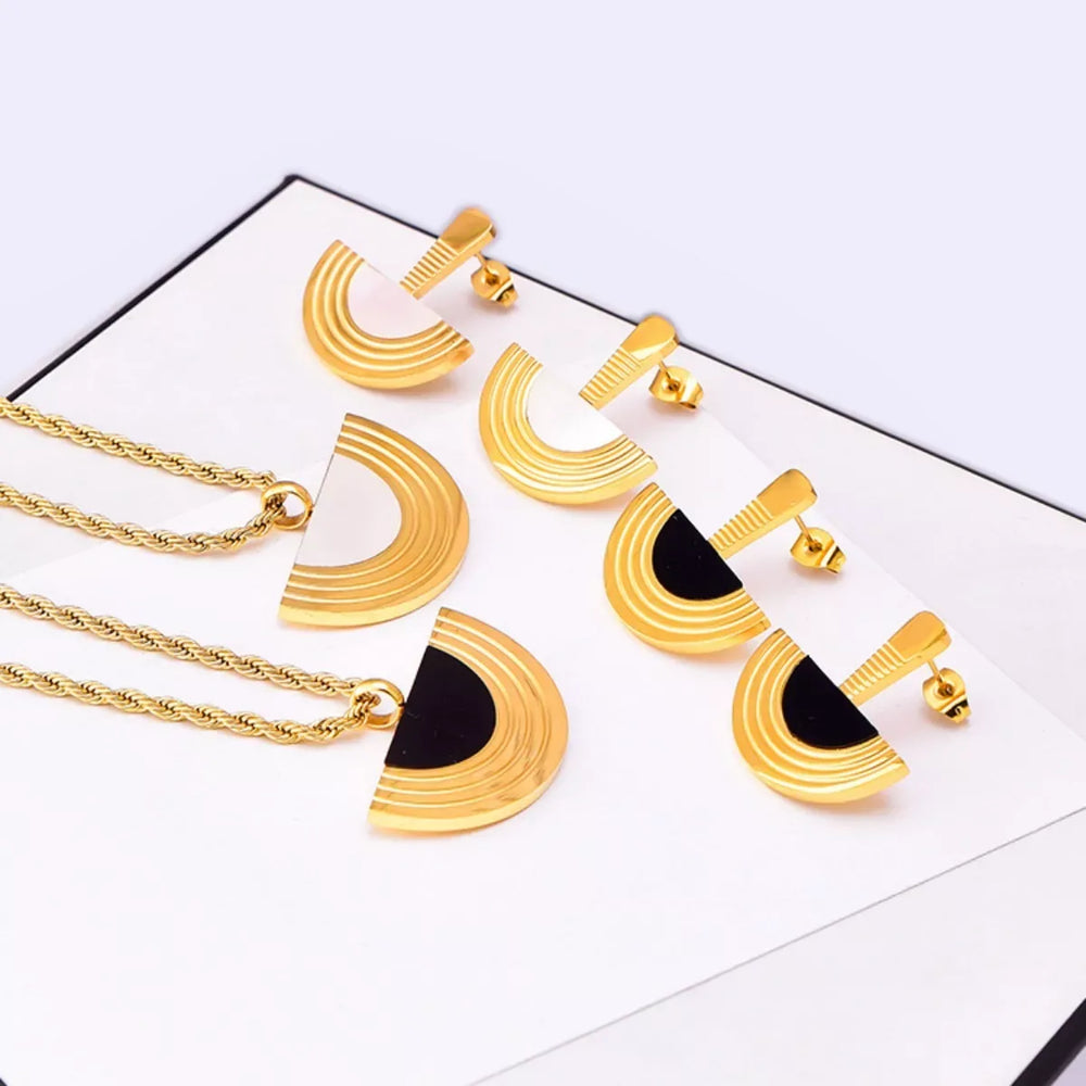 Geometric Half-Circle 18K Gold Plated Necklace Ring and Earrings Jewelry Set - Trendsi - Flyclothing LLC
