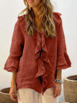 Full Size Ruffled V-Neck Flounce Sleeve Blouse - Trendsi - Flyclothing LLC