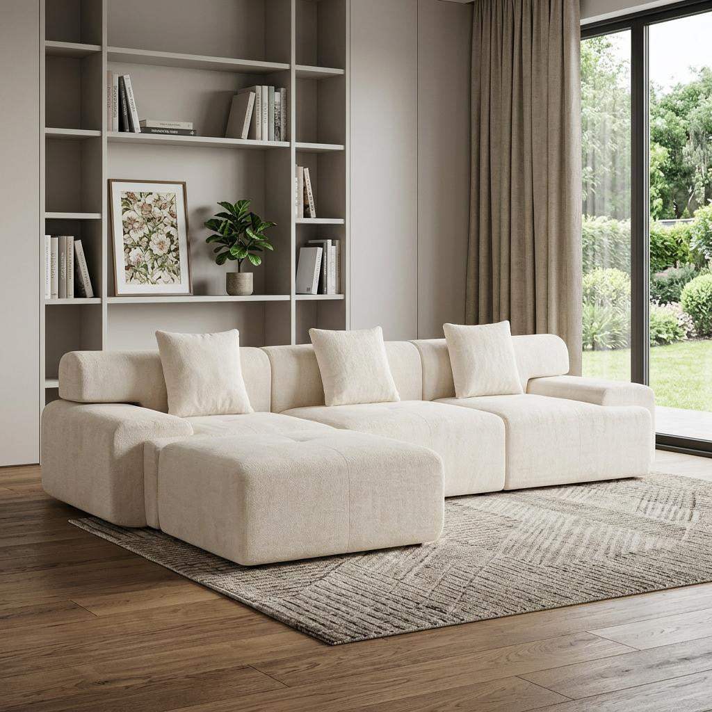 118" Beige Chenille Modular Sofa With Ottoman And Toss Pillows - HomeRoots - Flyclothing LLC