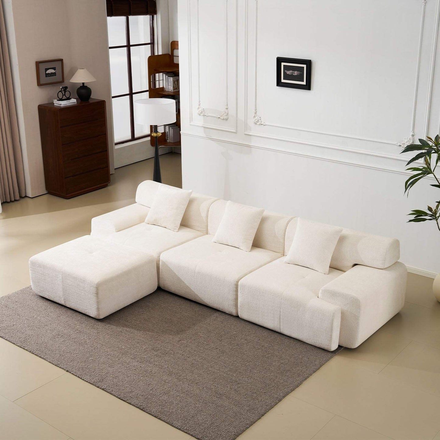 118" Beige Chenille Modular Sofa With Ottoman And Toss Pillows - HomeRoots - Flyclothing LLC