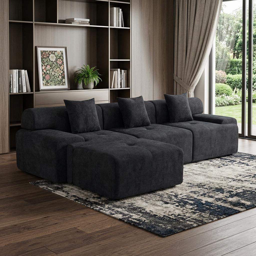 118" Black Chenille Modular Sofa With Ottoman And Toss Pillows - HomeRoots - Flyclothing LLC