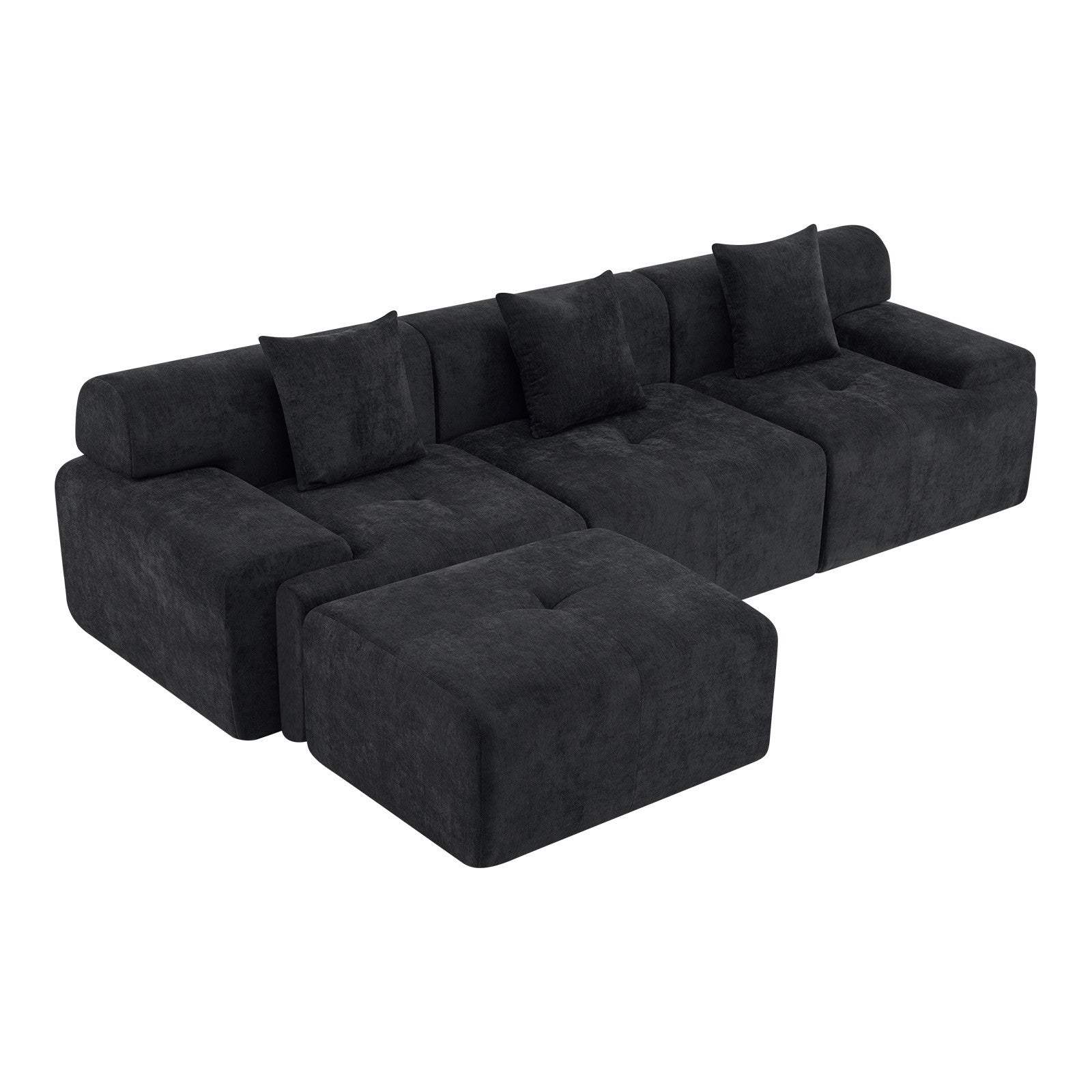 118" Black Chenille Modular Sofa With Ottoman And Toss Pillows - HomeRoots - Flyclothing LLC