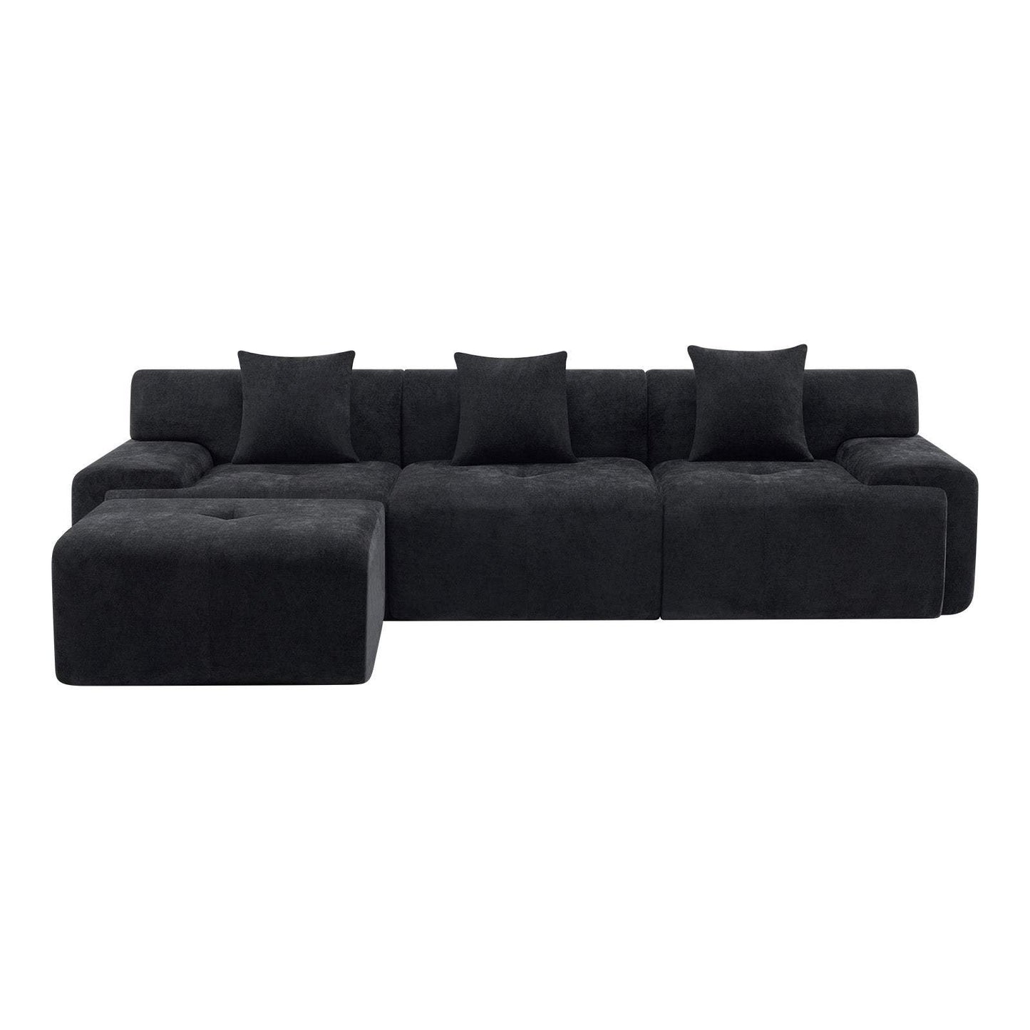 118" Black Chenille Modular Sofa With Ottoman And Toss Pillows - HomeRoots - Flyclothing LLC