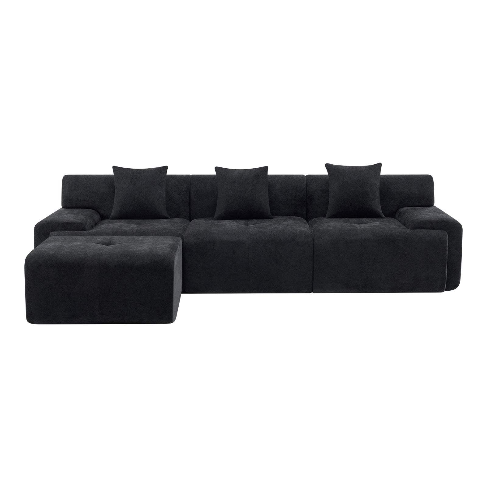 118" Black Chenille Modular Sofa With Ottoman And Toss Pillows - HomeRoots - Flyclothing LLC