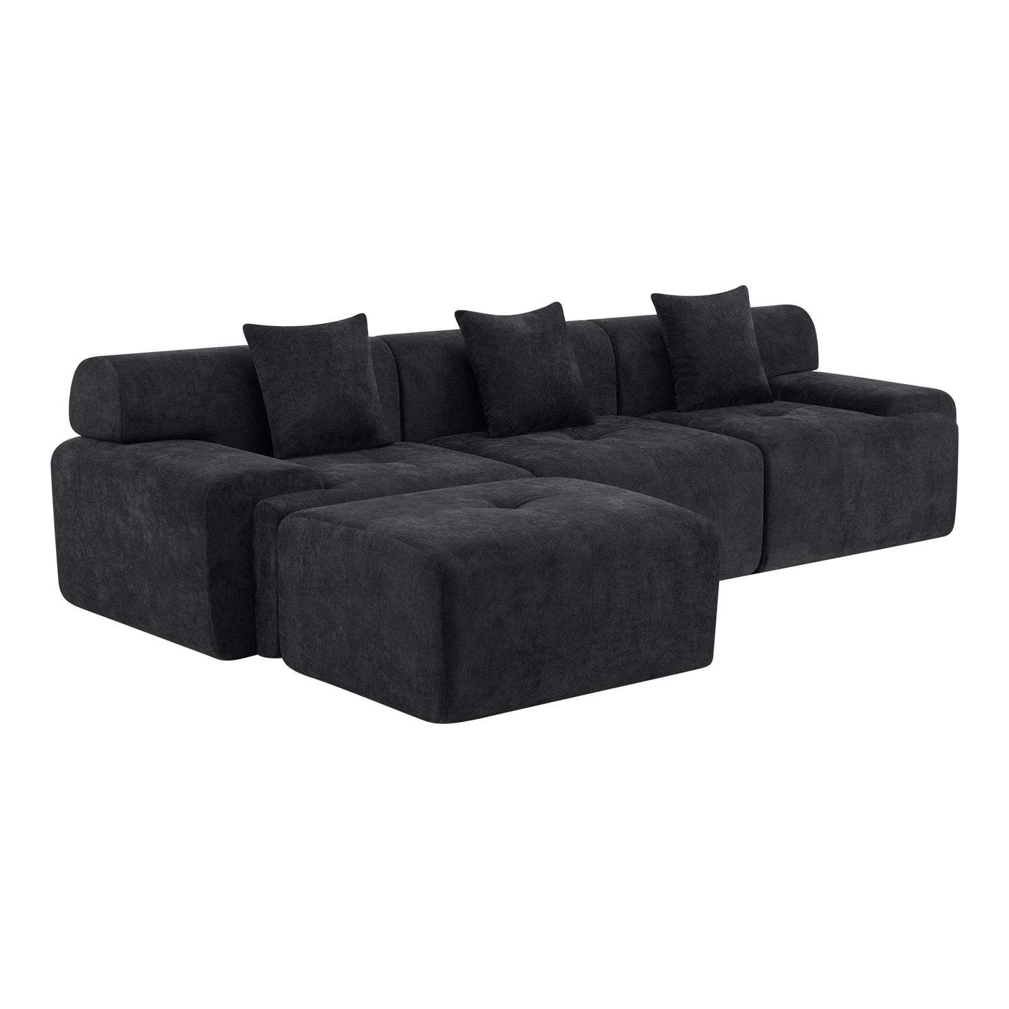 118" Black Chenille Modular Sofa With Ottoman And Toss Pillows - HomeRoots - Flyclothing LLC