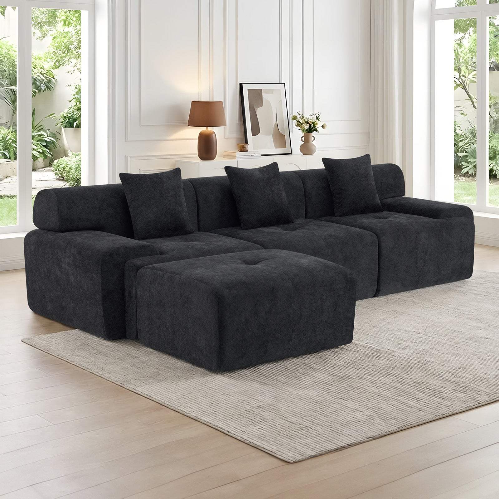 118" Black Chenille Modular Sofa With Ottoman And Toss Pillows - HomeRoots - Flyclothing LLC