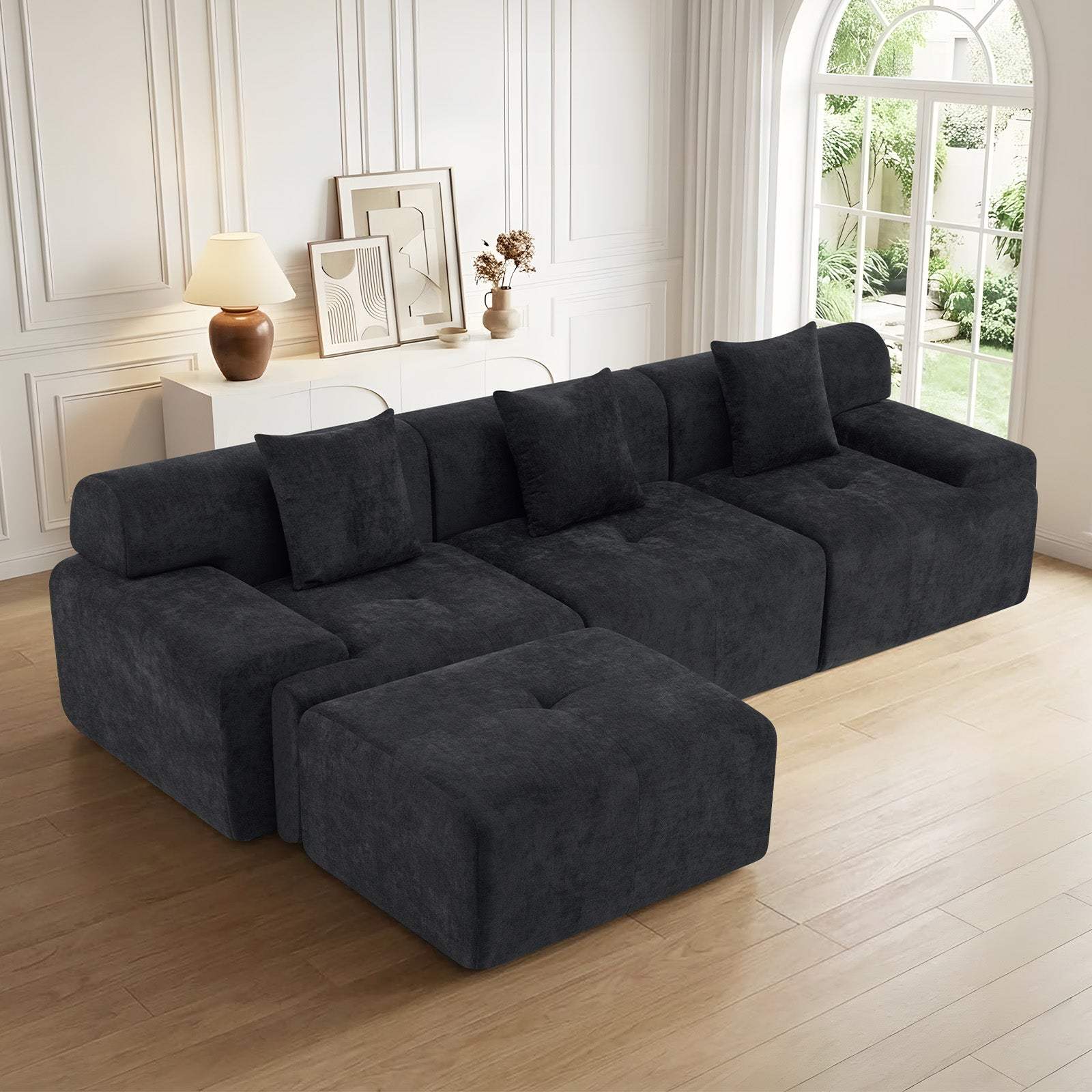 118" Black Chenille Modular Sofa With Ottoman And Toss Pillows - HomeRoots - Flyclothing LLC