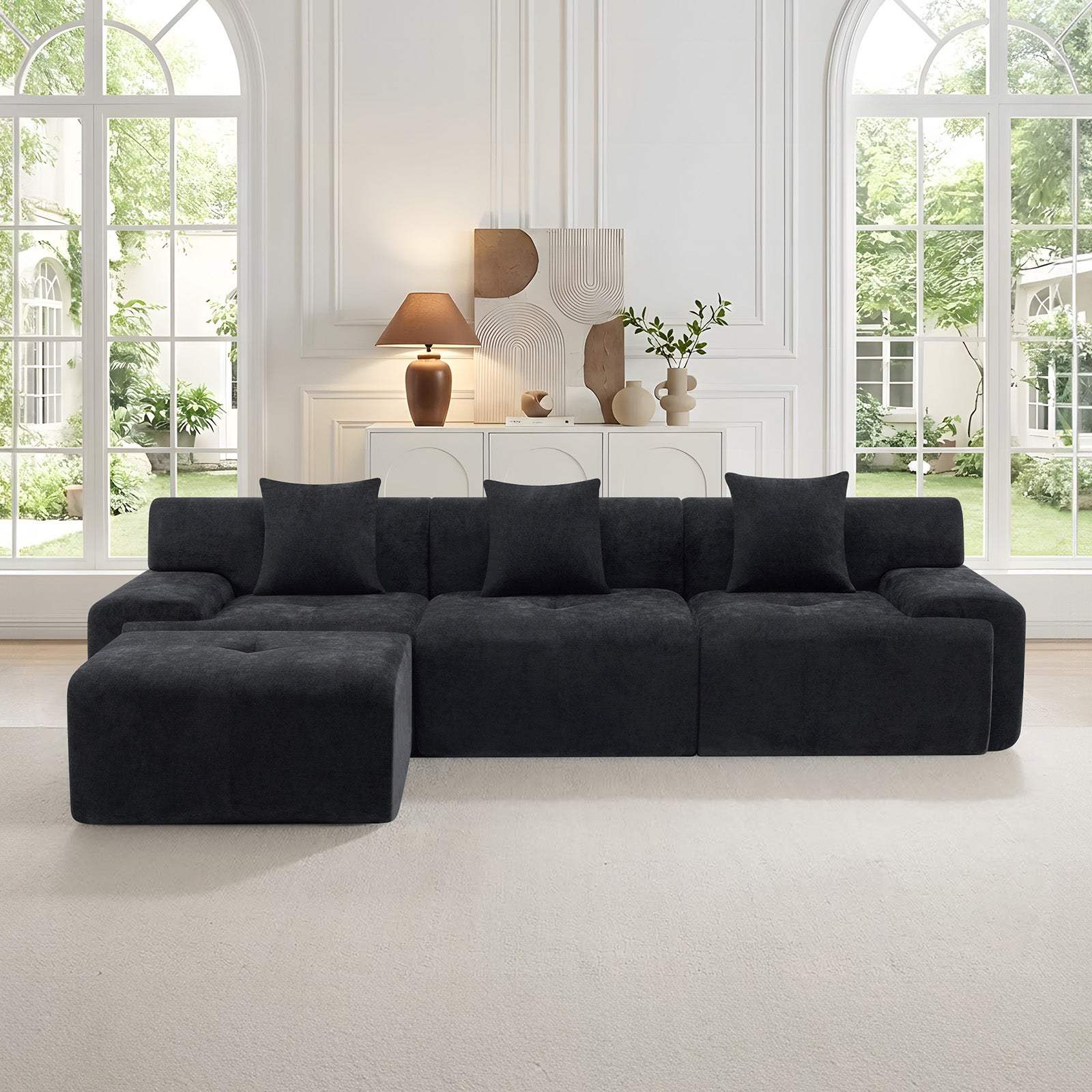 118" Black Chenille Modular Sofa With Ottoman And Toss Pillows - HomeRoots - Flyclothing LLC