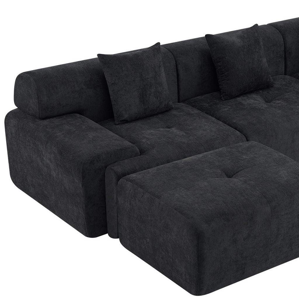 118" Black Chenille Modular Sofa With Ottoman And Toss Pillows - HomeRoots - Flyclothing LLC