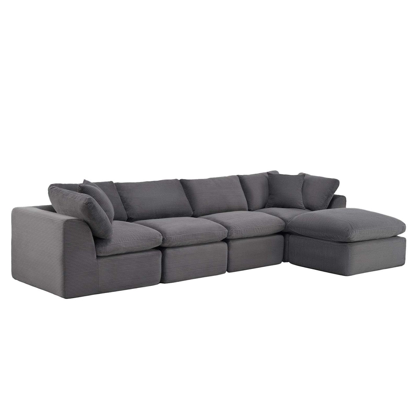 138" Dark Gray Corduroy Modular Sofa With Ottoman And Toss Pillows - HomeRoots - Flyclothing LLC