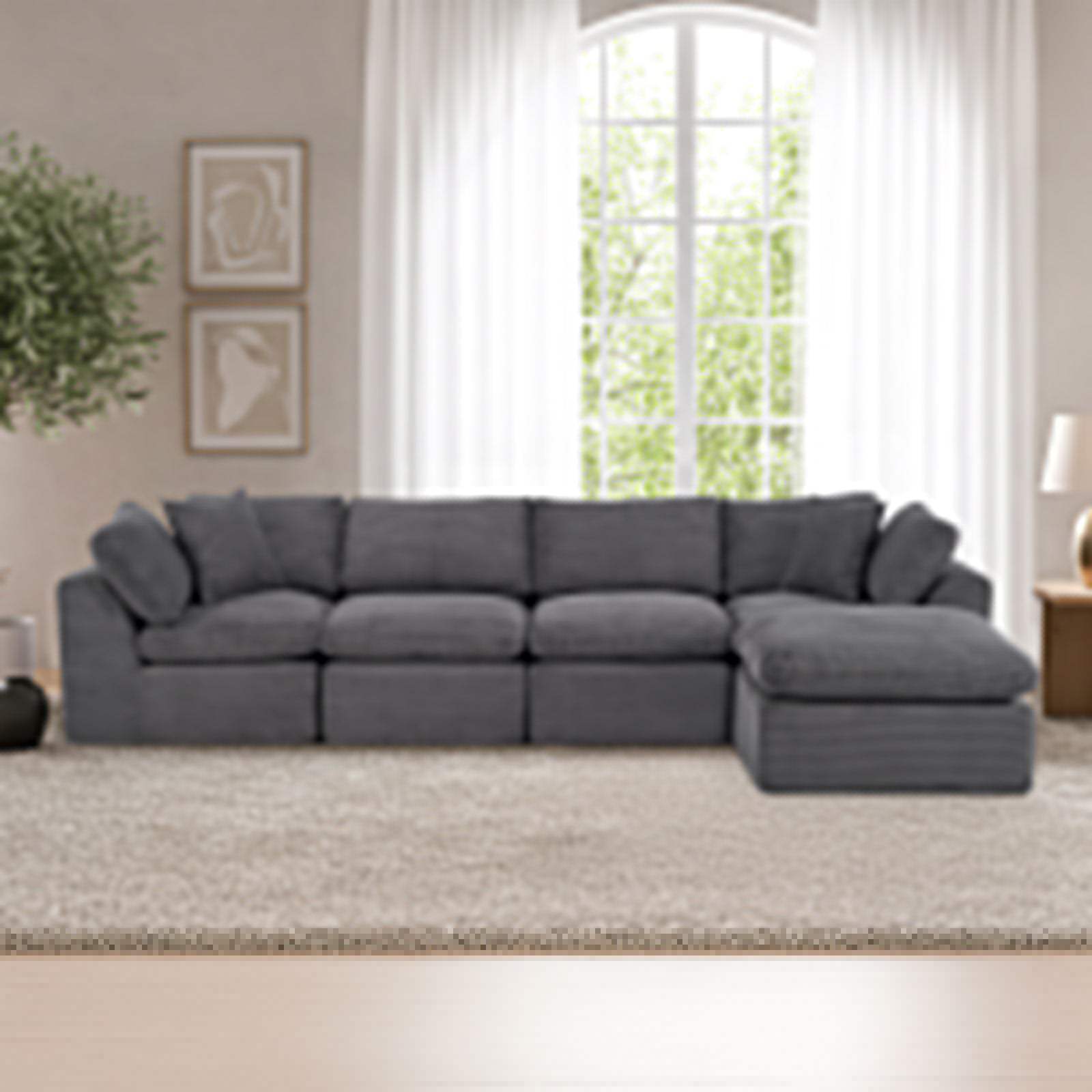 138" Dark Gray Corduroy Modular Sofa With Ottoman And Toss Pillows - HomeRoots - Flyclothing LLC