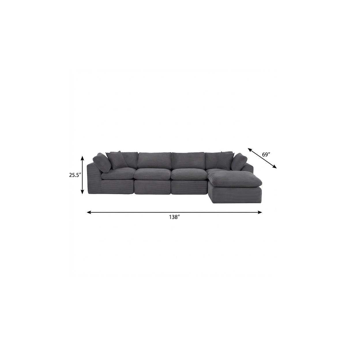 138" Dark Gray Corduroy Modular Sofa With Ottoman And Toss Pillows - HomeRoots - Flyclothing LLC