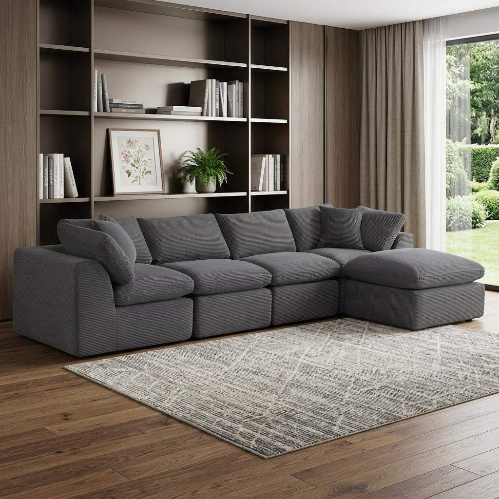 138" Dark Gray Corduroy Modular Sofa With Ottoman And Toss Pillows - HomeRoots - Flyclothing LLC