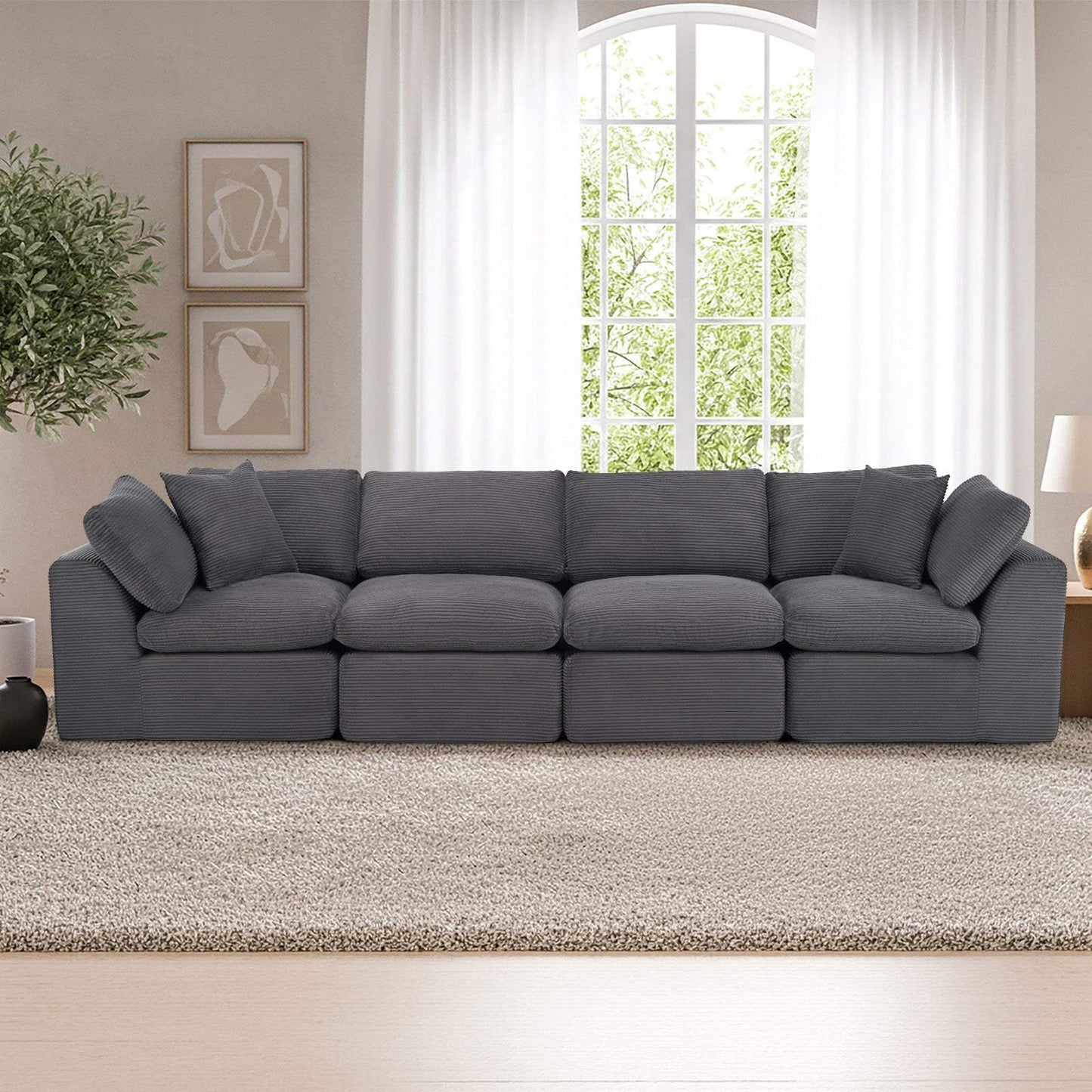 138" Dark Gray Corduroy Modular Sofa With Toss Pillows - HomeRoots - Flyclothing LLC