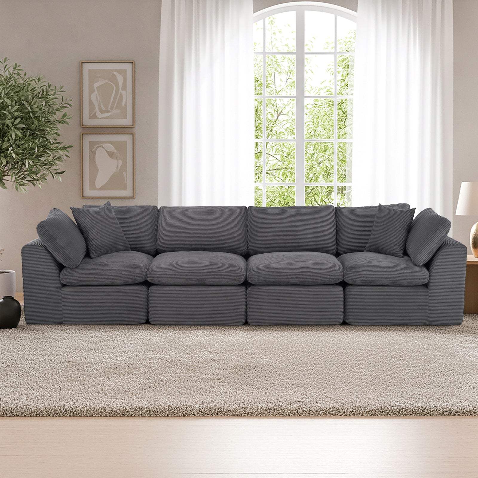 138" Dark Gray Corduroy Modular Sofa With Toss Pillows - HomeRoots - Flyclothing LLC