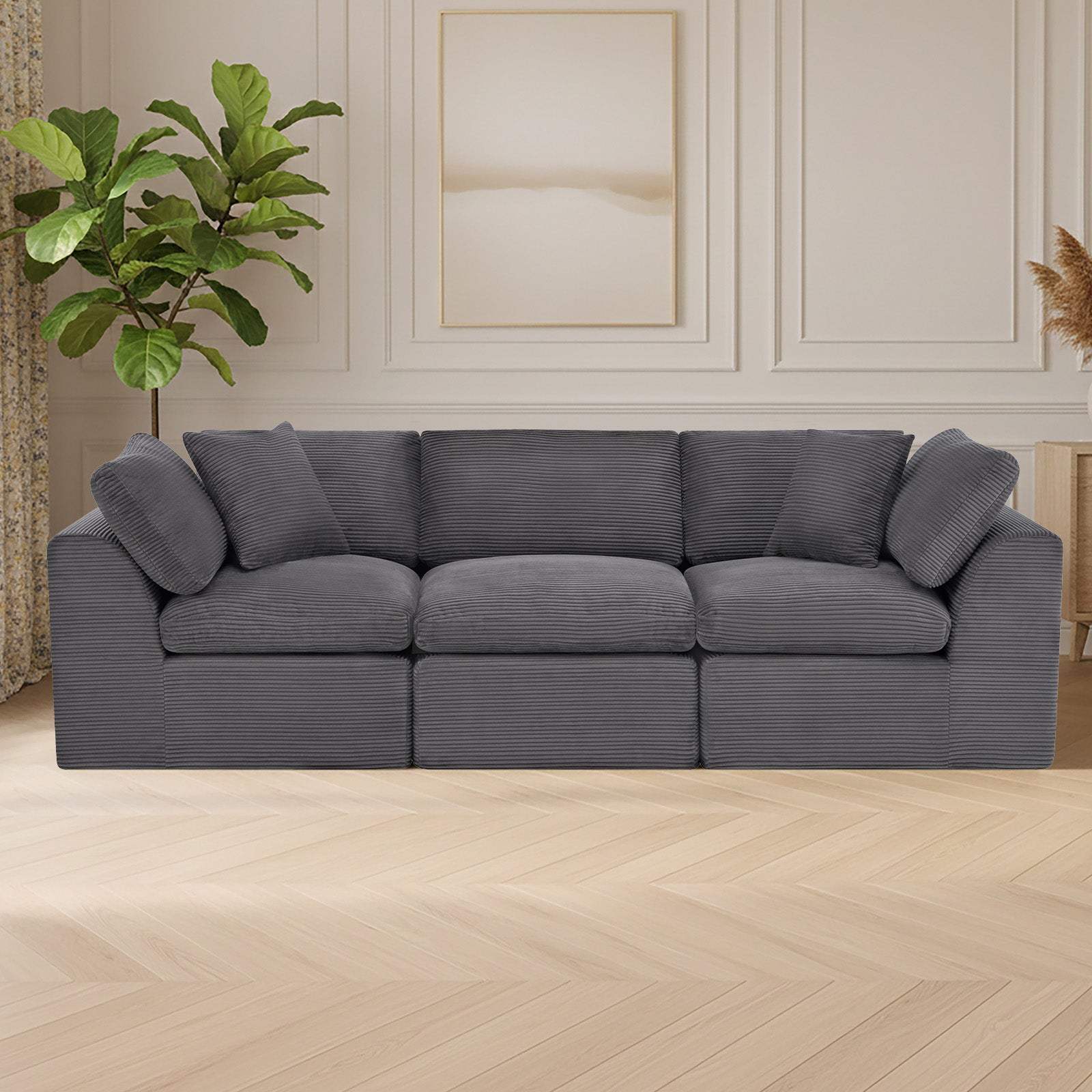 108" Dark Gray Corduroy Modular Sofa With Toss Pillows - HomeRoots - Flyclothing LLC