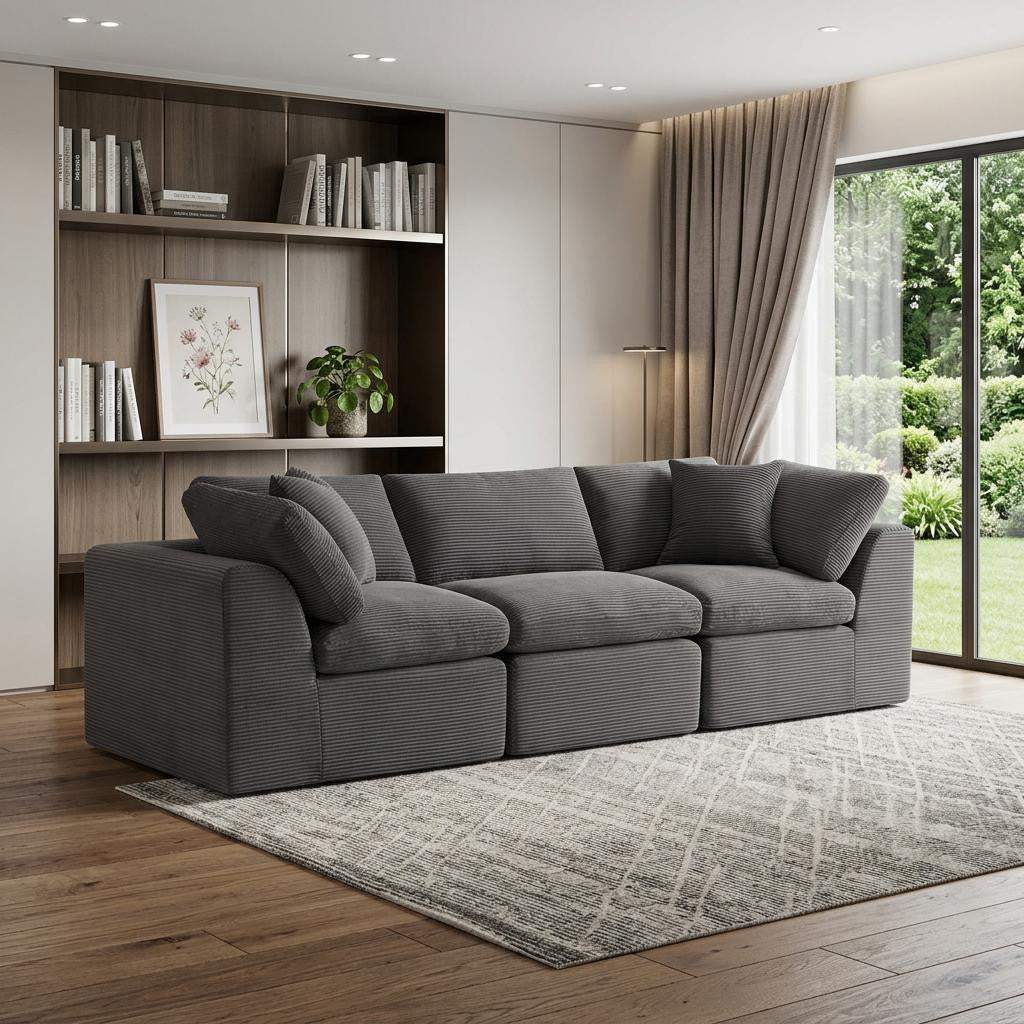 108" Dark Gray Corduroy Modular Sofa With Toss Pillows - HomeRoots - Flyclothing LLC