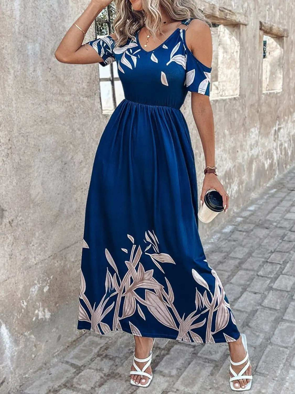 Printed Cold Shoulder Short Sleeve Maxi Dress - Trendsi - Flyclothing LLC