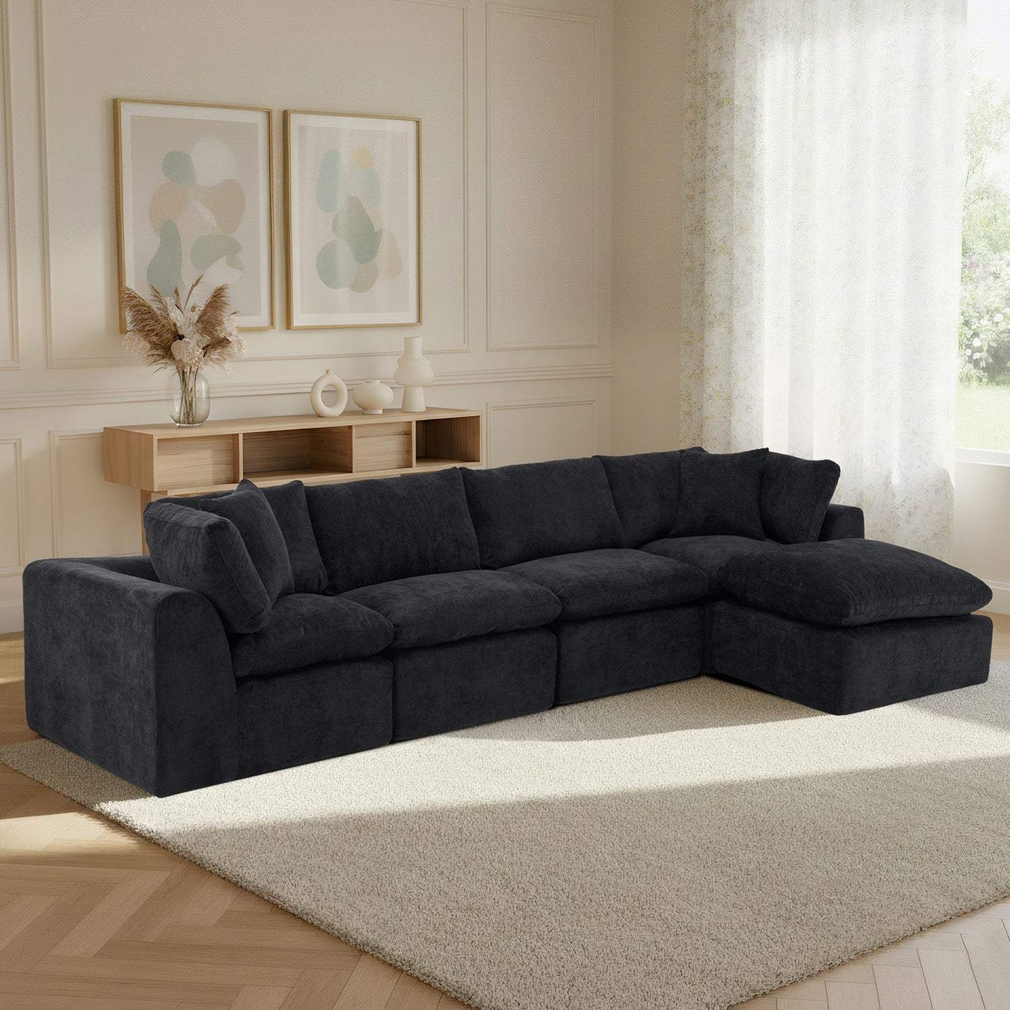 138" Black Chenille Modular Sofa With Ottoman And Toss Pillows - HomeRoots - Flyclothing LLC