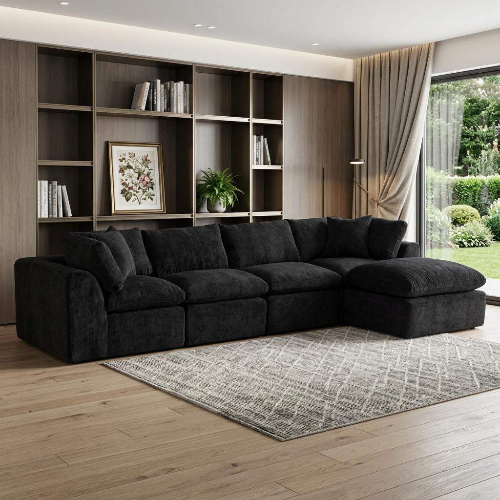 138" Black Chenille Modular Sofa With Ottoman And Toss Pillows - HomeRoots - Flyclothing LLC