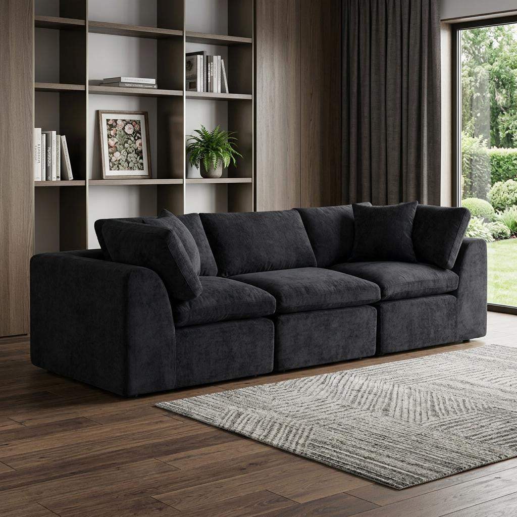 108" Black Chenille Modular Sofa With Toss Pillows - HomeRoots - Flyclothing LLC