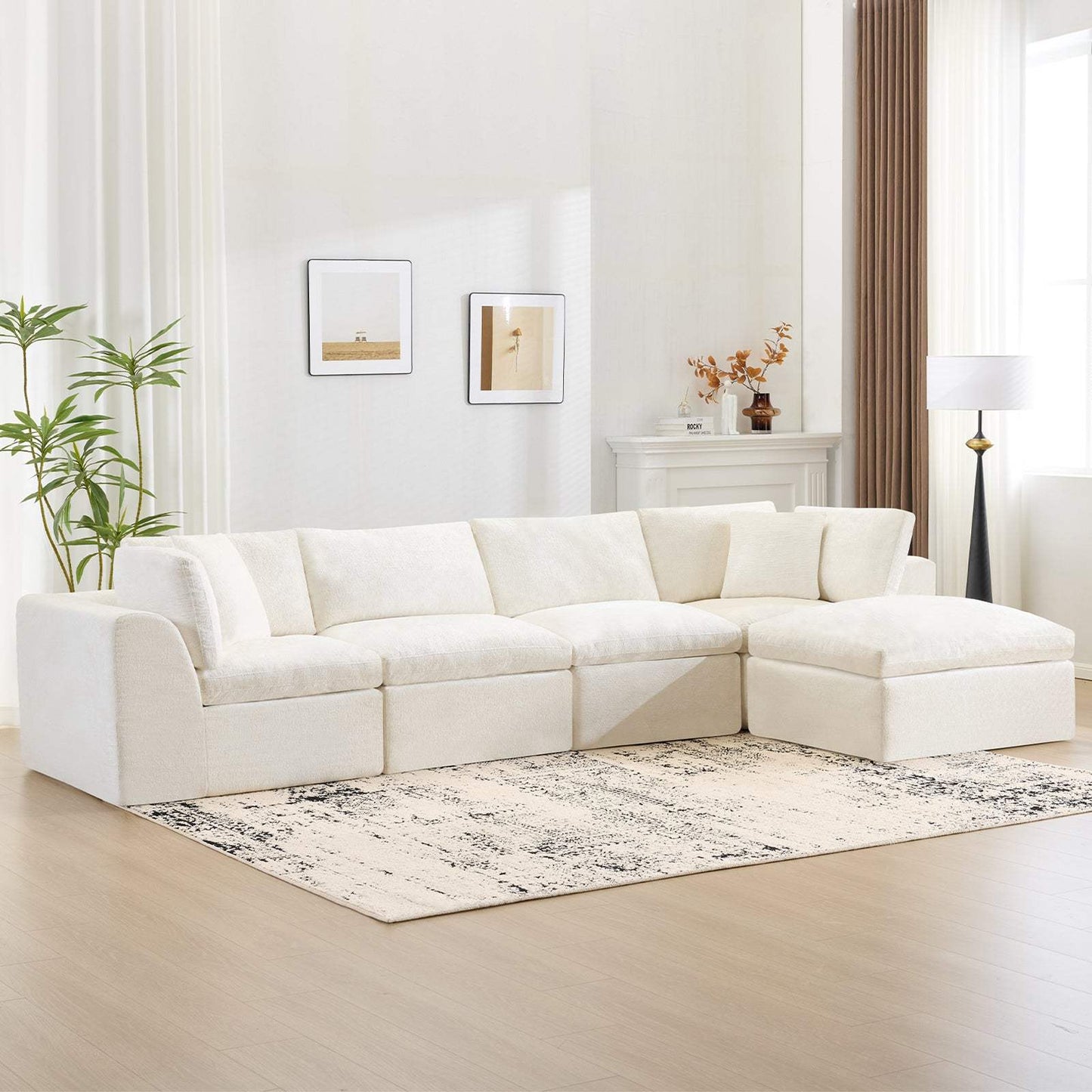 138" Beige Chenille Modular Sofa With Ottoman And Toss Pillows - HomeRoots - Flyclothing LLC