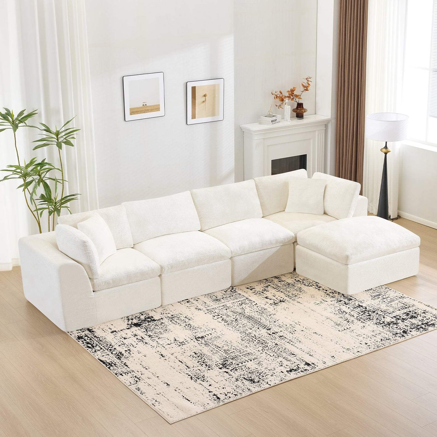 138" Beige Chenille Modular Sofa With Ottoman And Toss Pillows - HomeRoots - Flyclothing LLC