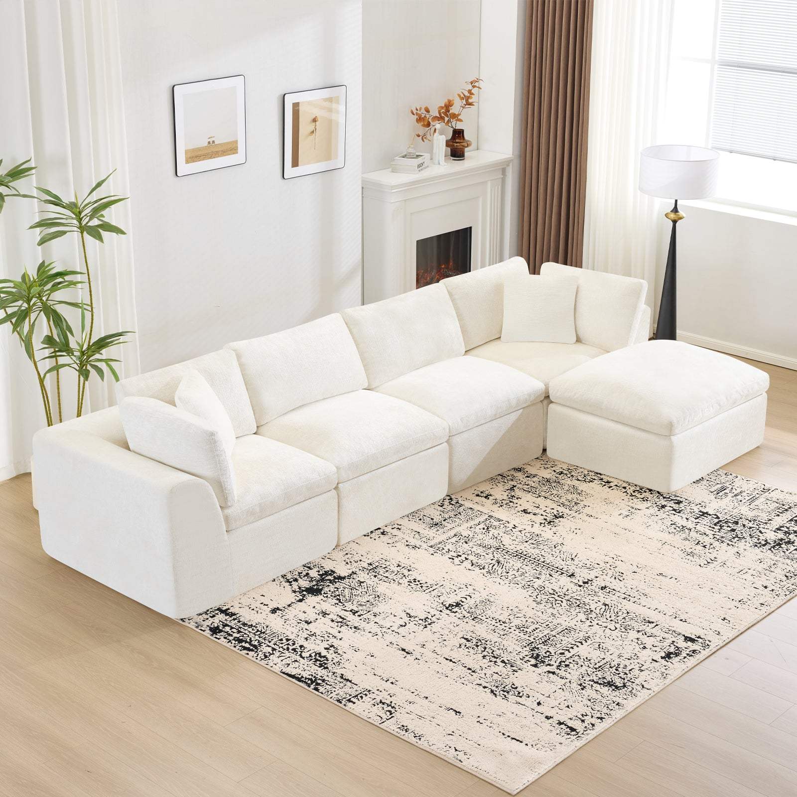 138" Beige Chenille Modular Sofa With Ottoman And Toss Pillows - HomeRoots - Flyclothing LLC