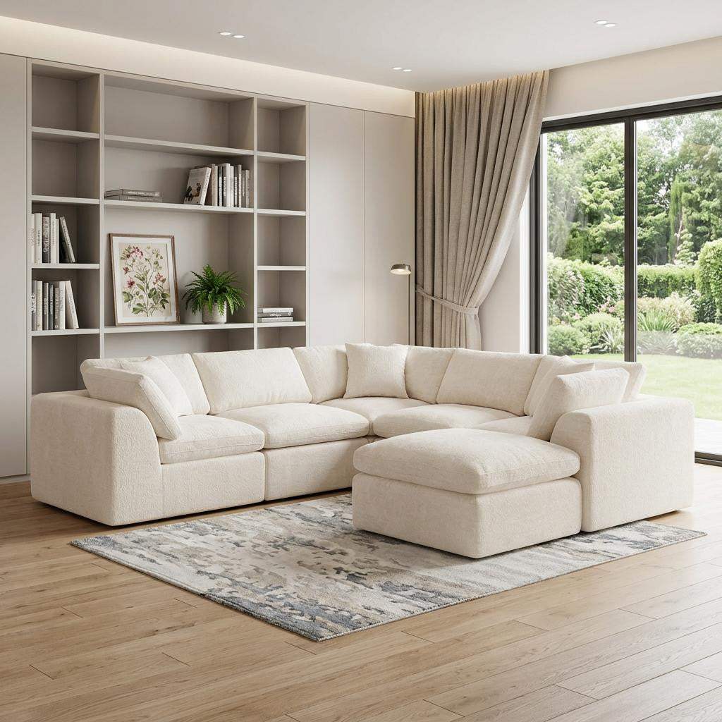 138" Beige Chenille Modular Sofa With Ottoman And Toss Pillows - HomeRoots - Flyclothing LLC