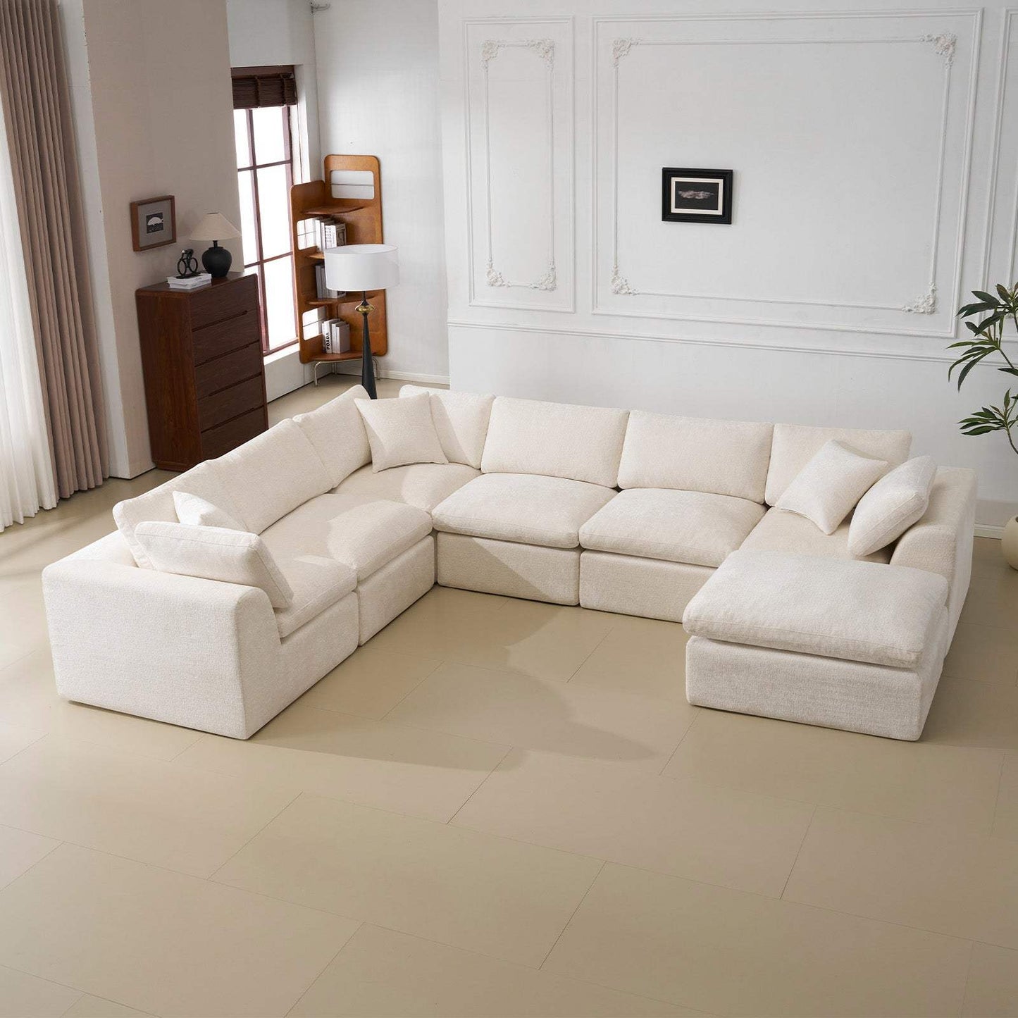 138" Beige Chenille Modular Sofa With Ottoman And Toss Pillows - HomeRoots - Flyclothing LLC