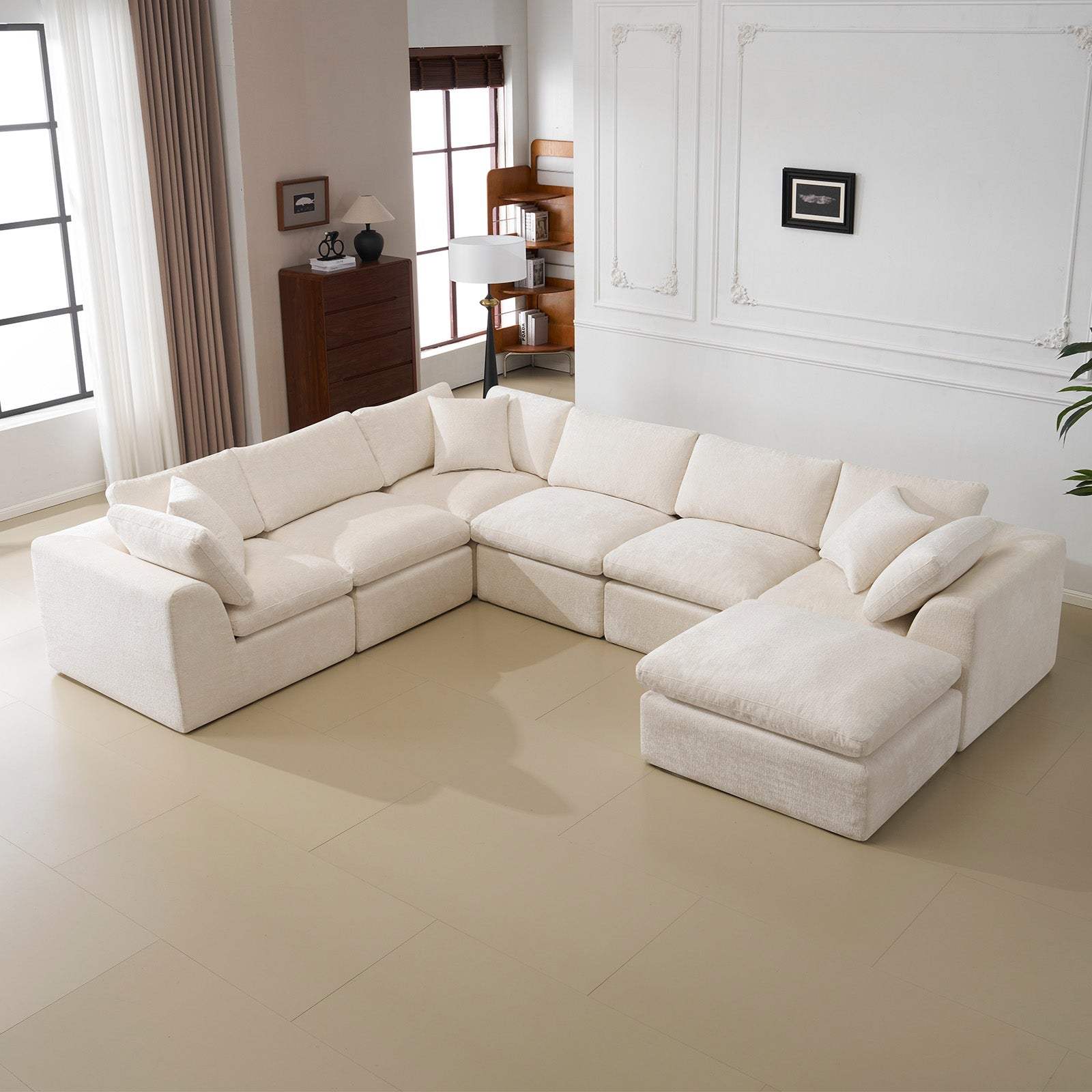 138" Beige Chenille Modular Sofa With Ottoman And Toss Pillows - HomeRoots - Flyclothing LLC