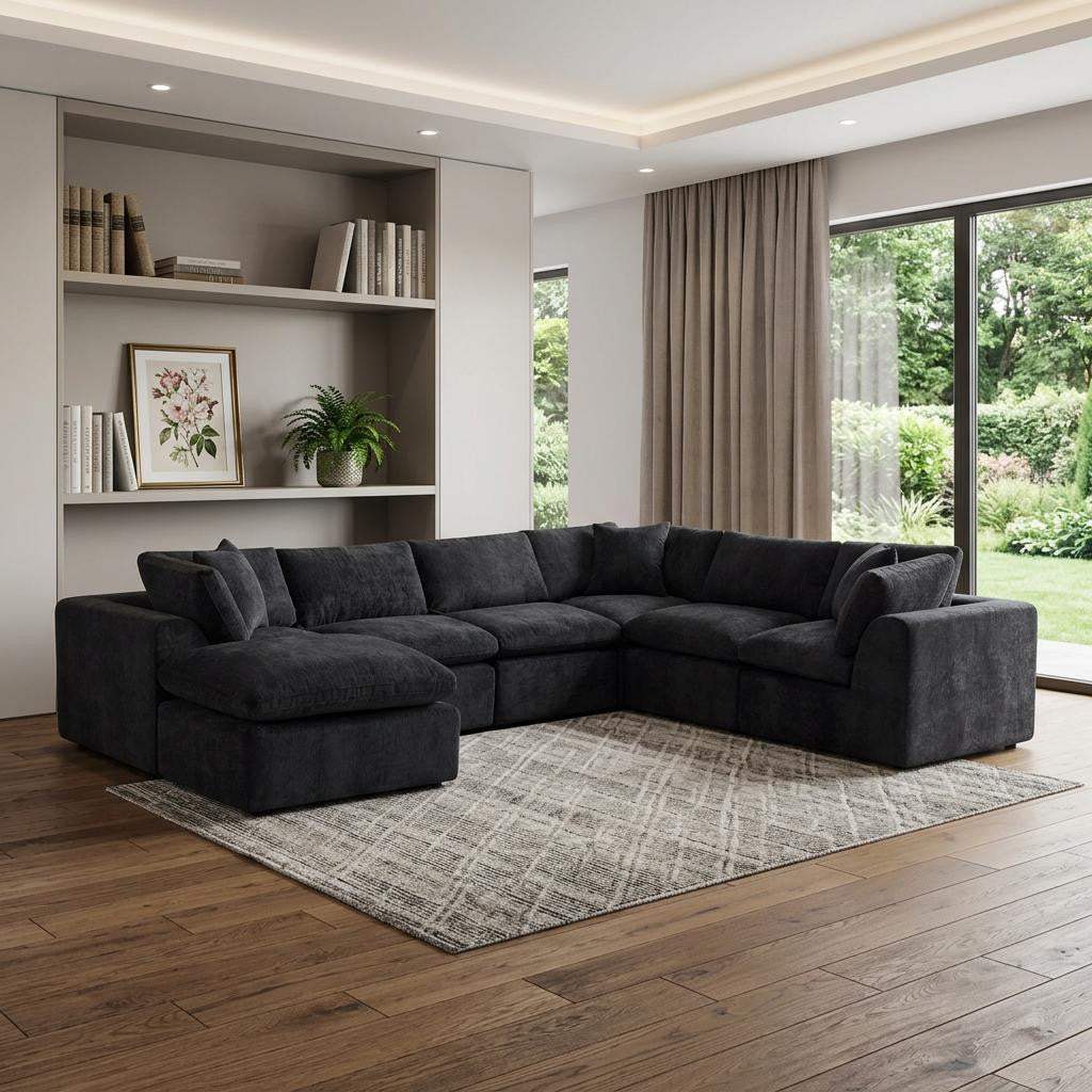 138" Black Chenille Modular Sofa Chaise With Ottoman And Toss Pillows - HomeRoots - Flyclothing LLC
