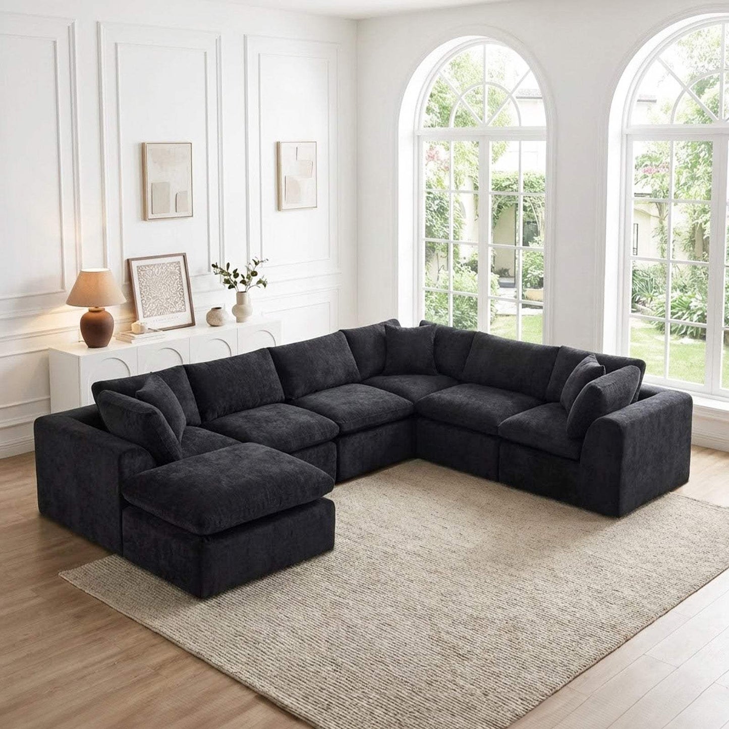 138" Black Chenille Modular Sofa Chaise With Ottoman And Toss Pillows - HomeRoots - Flyclothing LLC